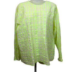 COS Neon Yellow Checkered Crinkle Long Sleeve Blouse Size 12